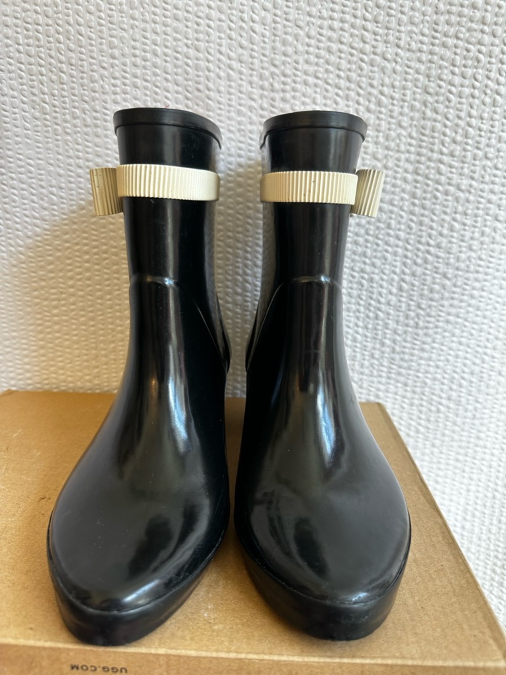 KATE SPADE Paloma Black Heeled Rain Boots Ivory Bow Rubber Ankle Booties Size 7 - Picture 10 of 10
